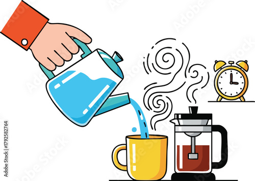 Hand Pouring Hot Water From Kettle Into Yellow Mug With French Press Coffee Maker And Alarm Clock In Background
