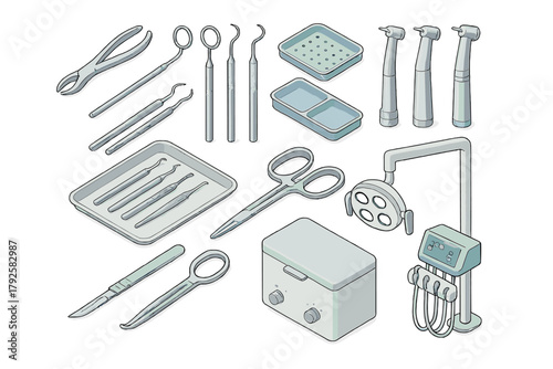 Professional dental and surgical instruments and equipment set in isometric view