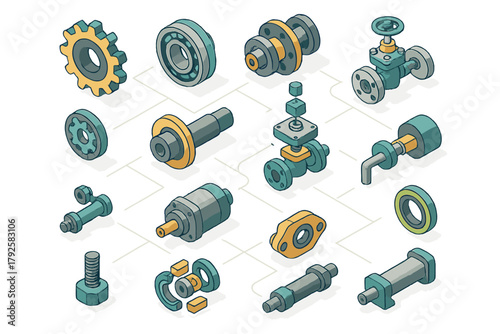 Isometric assembly diagram of industrial mechanical engineering components and machine parts