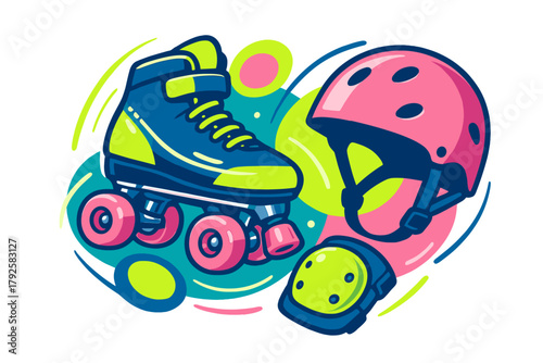 Neon roller skate and protective gear set including helmet and knee pad