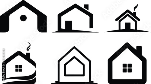Collection of stylized black and white house icons