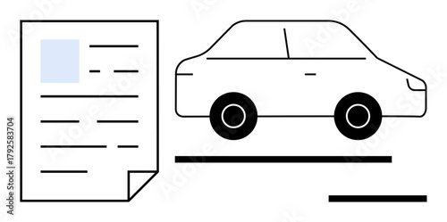 Paper document alongside car outline signifies automotive licensing, insurance, and registration. Ideal for transportation, documentation, legal, ownership, compliance, policy simple flat metaphor