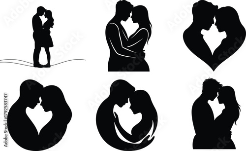 Silhouettes of couples embracing in romantic poses