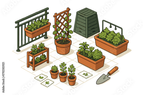 Isometric collection of potted plants and gardening tools for balcony use