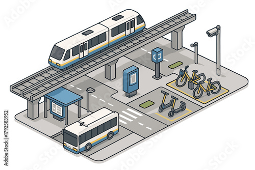 Isometric urban transit hub with elevated train, bus, and micro-mobility options