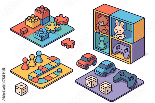 Colorful isometric assortment of classic toys and games including building blocks and plush animals