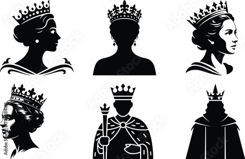 Royal silhouettes of queens and kings wearing elaborate crowns