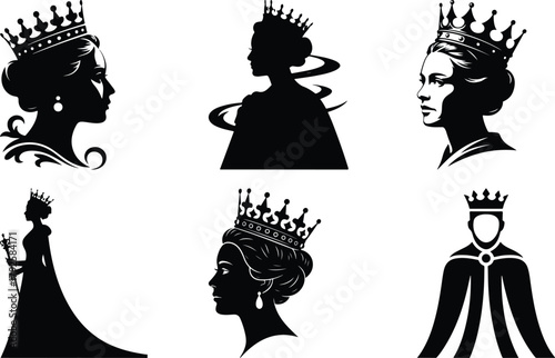 Silhouettes of regal queens and kings wearing elaborate crowns