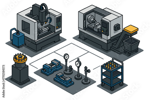 Industrial manufacturing equipment isometric layout featuring CNC machines, lathe, milling, and precision tools