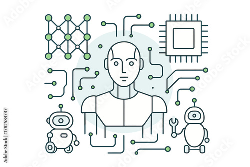 Humanoid robot head connected to neural network and microchip components