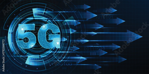 Global network high speed innovation connection data rate, vector creative glowing 5G on dark blue color background