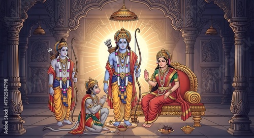Divine Rama, Sita, Lakshmana, and Hanuman in sacred temple setting radiating spiritual aura and regal splendor, perfect for religious and cultural storytelling.