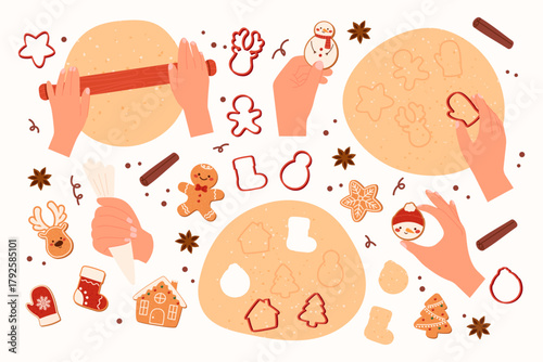 Set of elements for baking Christmas cookies. Hands rolling dough, cutting out cookie shapes and decorating gingerbread cookies. Festive composition with dough, home baking, and family traditions