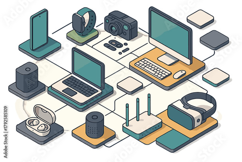 Isometric set of modern digital gadgets and smart home technology components