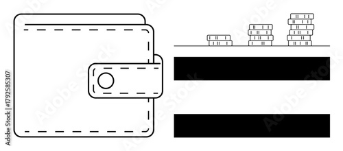 Wallet with button clasp alongside ascending stacks of coins symbolizing saving, growth, and wealth management. Ideal for finance, banking, budgeting, investment, money management, savings fiscal