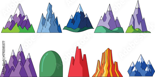 Mountain illustration set, colorful peaks, abstract terrain, stylized nature, snow-capped mountains, graphic landscape, artistic hills, vector design, scenic icons, elevation shapes