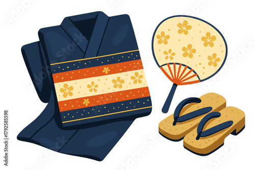 Traditional Japanese summer set with dark blue yukata, uchiwa fan, and wooden geta sandals