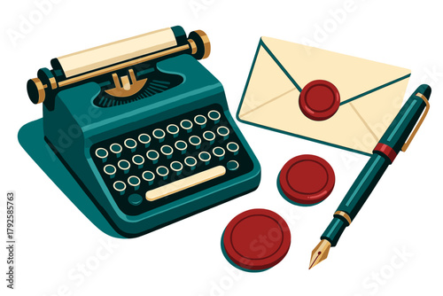Vintage writing set with typewriter, sealed envelope, fountain pen, and wax seal