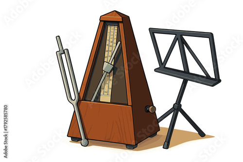 Metronome, tuning fork, and music stand used for musical rhythm and pitch practice