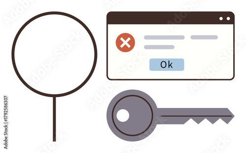Magnifying glass, browser error message with Ok button, and key symbolizing access issues, exploration, and security. Ideal for cybersecurity, privacy, decryption, error handling problem-solving