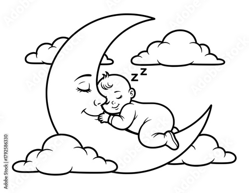 Moon illustration featuring a sleeping baby nestled against a smiling face, surrounded by fluffy clouds, creating a serene and whimsical nighttime scene for coloring pages
