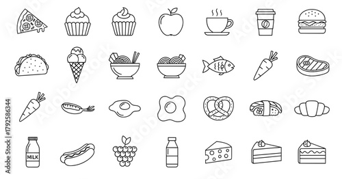 Collection of hand-drawn food illustrations featuring pizza, cupcakes, fruits, beverages, and desserts, perfect for coloring pages and creative projects with vibrant culinary themes