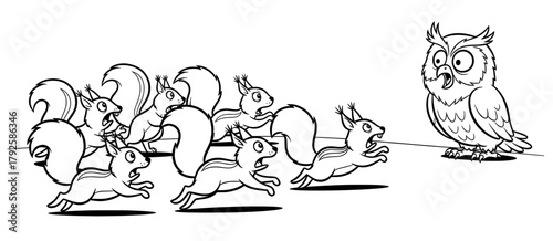 Illustration of a group of startled squirrels running away from an intimidating owl, showcasing a humorous wildlife interaction in a playful coloring page design