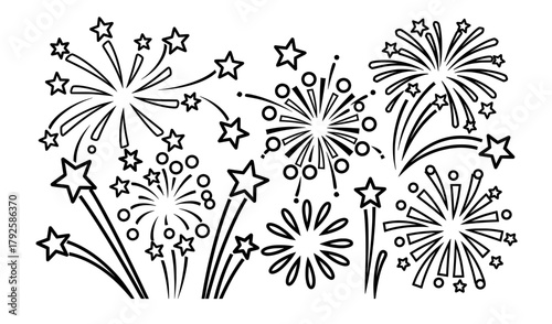 Fireworks coloring page featuring various starburst designs and shapes, ideal for creative expression and relaxation, perfect for children and adults alike