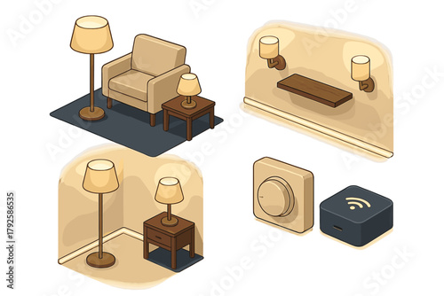 Isometric set of interior lighting fixtures, furniture, and smart home control devices for modern living spaces