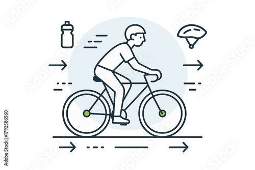 Minimalist line art of a cyclist riding a bicycle accompanied by safety and hydration icons