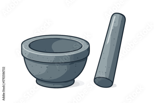 Essential kitchen tool set of a heavy stone mortar and cylindrical pestle for crushing ingredients