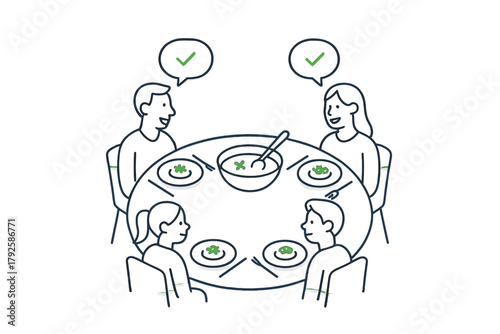 Parents and children sharing a meal at a dining table with checkmarks indicating satisfaction