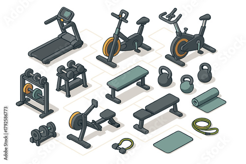 Isometric collection of fitness equipment for strength and cardio workouts