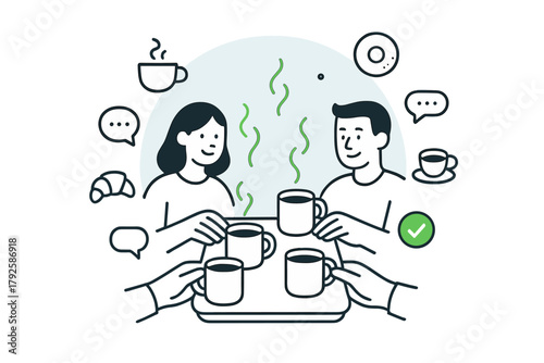 Business team members enjoying a coffee break with hot mugs and conversation symbols