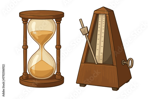 Classic wooden hourglass and pyramid metronome symbolizing time and rhythm