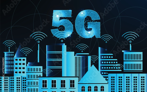 5G Wi-Fi internet network high speed and smart city background. wireless communication technology.