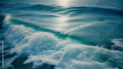Macro slow-motion footage of sea foam forming and dissolving on moving ocean waves, high-detail surface texture, natural blue tones