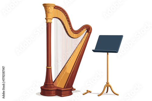 Ornate wooden concert harp with strings and a separate adjustable music stand