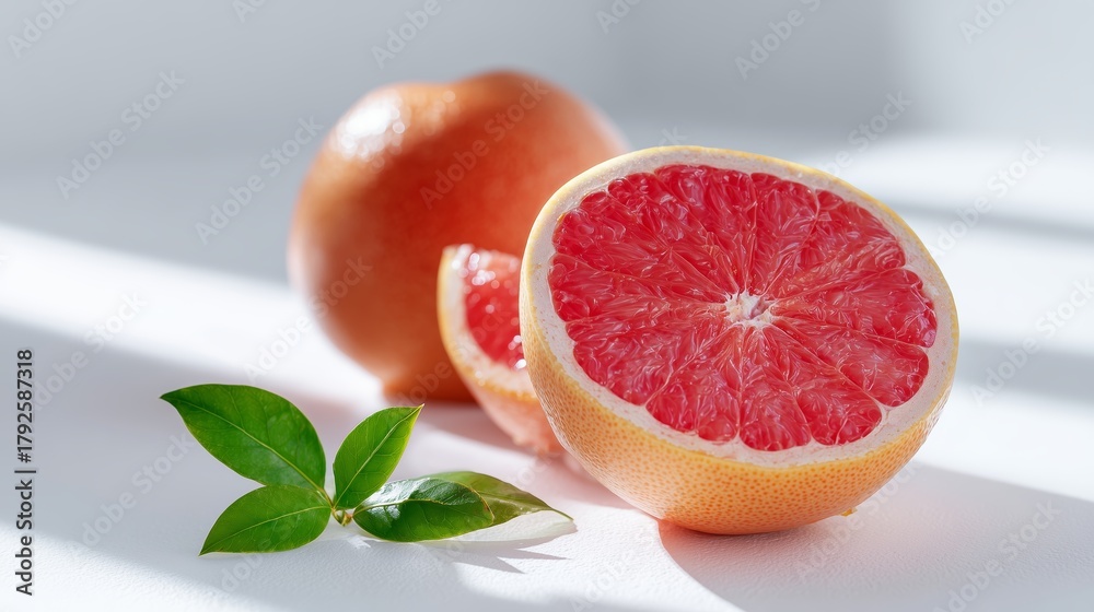 Fototapeta premium Juicy red grapefruit cut in half with green leaves on a bright background