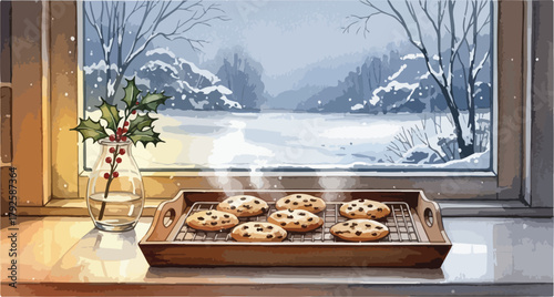 Freshly Baked Cookies Cooling by a Snowy Window