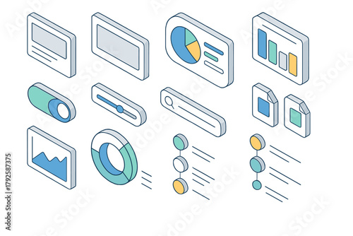 Isometric UI UX design elements featuring data charts, search bars, and interactive controls
