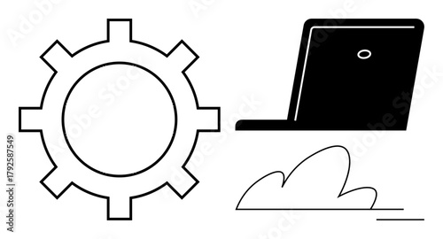 Gear and laptop connected with a cloud element evoke themes of innovation, technology, productivity, cloud computing, digital transformation, software development, and automation. Simple flat