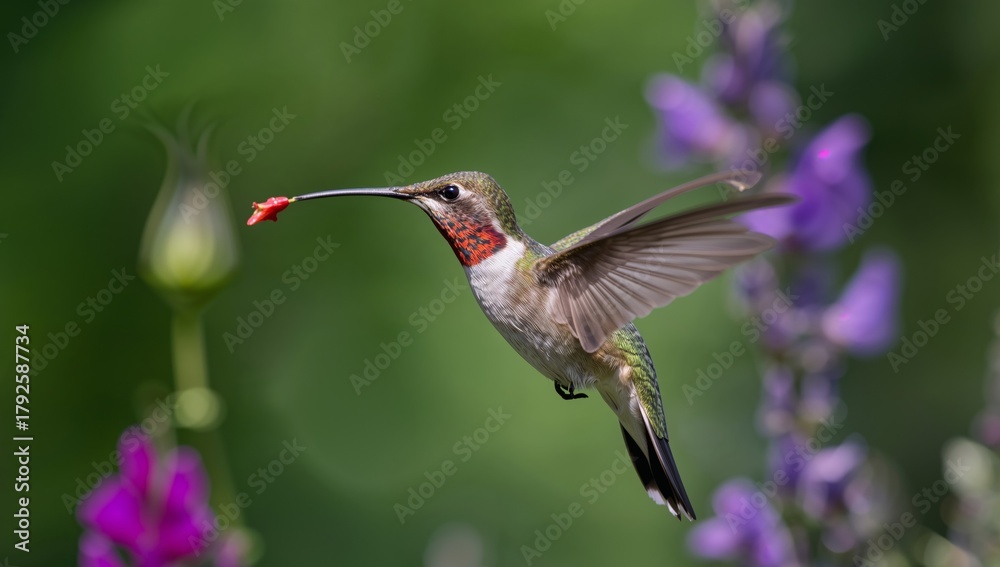 Naklejka premium A Hummingbirds Ballet. Delicate Flight and Vibrant Colors in a Lush Garden, A Moment Captured.