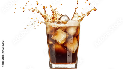 Cola drink splash with ice cubes isolated on a transparent background