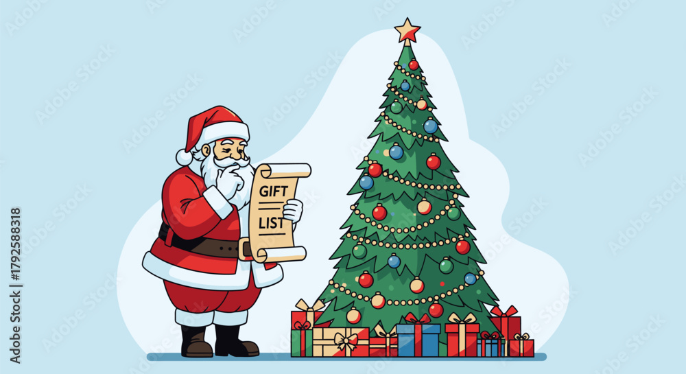 Fototapeta premium Santa Claus with Gift List Beside Christmas Tree.