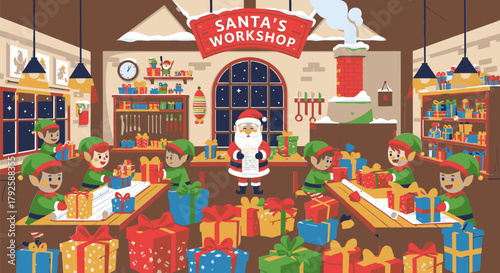 Santas Workshop Scene with Elves and Presents Illustration.
