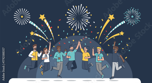 Group of People Celebrating with Fireworks and Confetti.