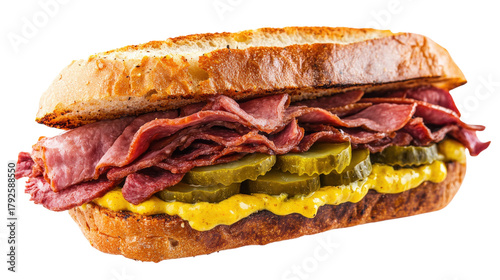 Deli meat sandwich with pickles and mustard isolated on a transparent background