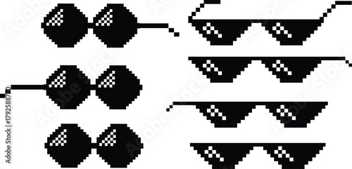 Pixel sunglasses icons set, retro pixelated glasses collection, meme and cool accessory vector illustration, black flat style design, digital 8-bit shades set on transparent background
