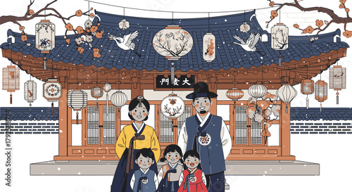 Korean Family in Hanbok Celebrating Traditional Holiday.